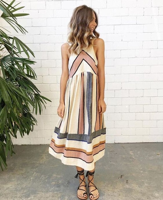 Boho Chic Midi Dress | Vibrant Stripes Bohemian Style