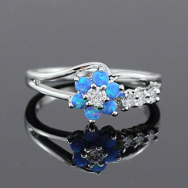 Dazzling Opal Flower Ring | Sterling Silver Opal and Crystal Design