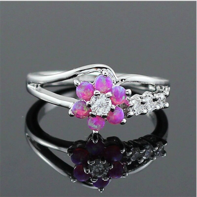 Dazzling Opal Flower Ring | Sterling Silver Opal and Crystal Design
