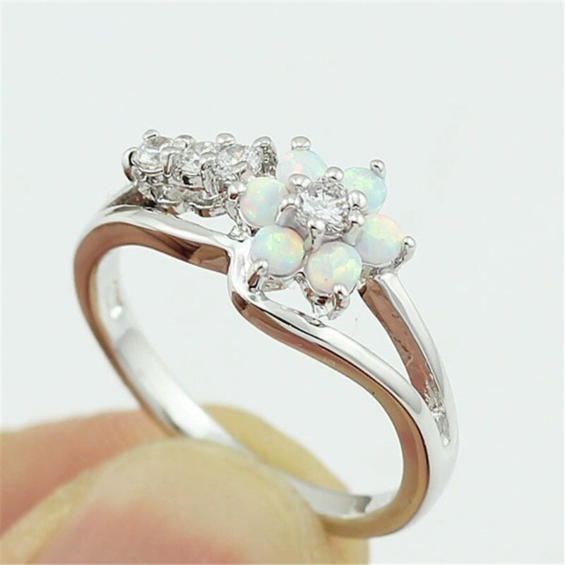 Dazzling Opal Flower Ring | Sterling Silver Opal and Crystal Design