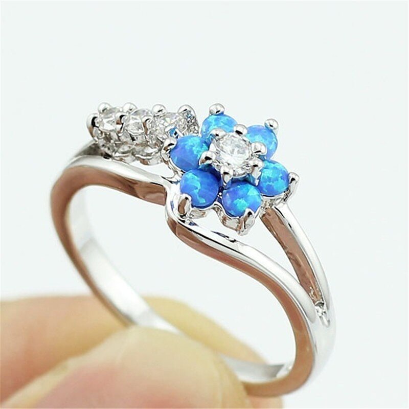 Dazzling Opal Flower Ring | Sterling Silver Opal and Crystal Design
