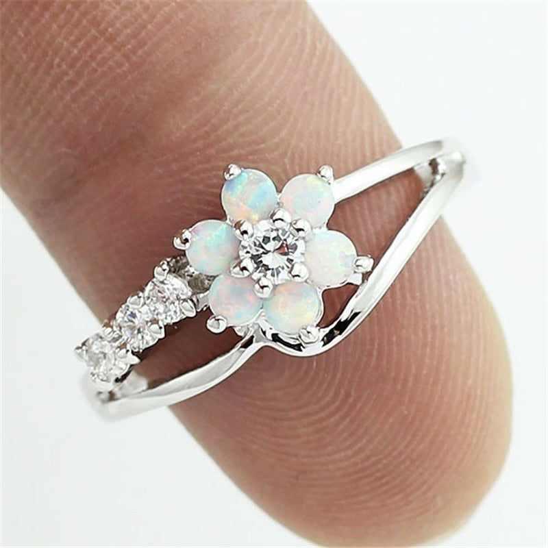 Dazzling Opal Flower Ring | Sterling Silver Opal and Crystal Design