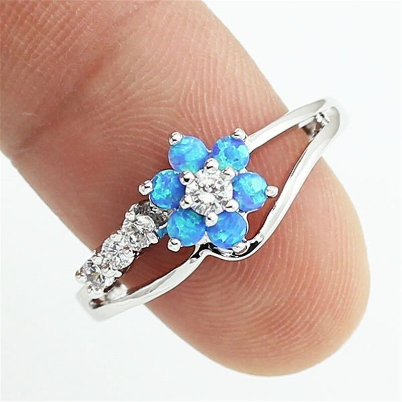 Dazzling Opal Flower Ring | Sterling Silver Opal and Crystal Design