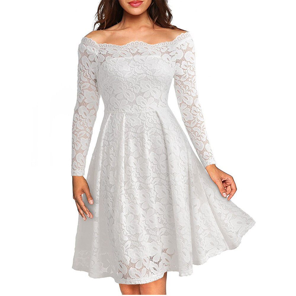 Elegant Lace A-Line Dress | Timeless Off-Shoulder Style