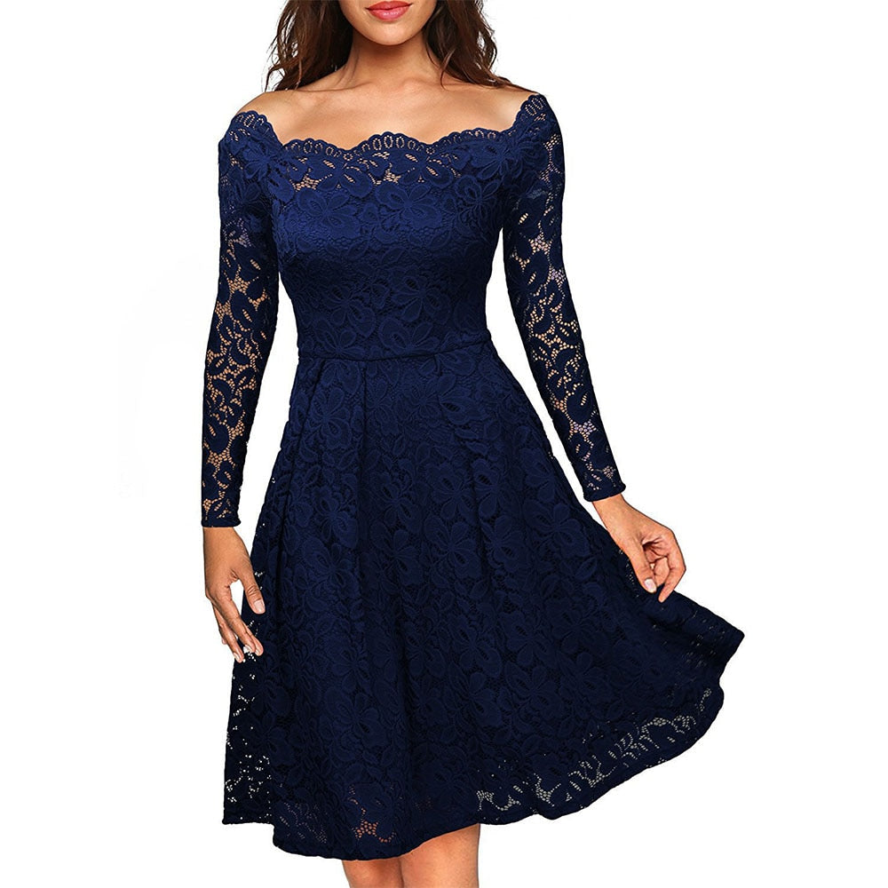 Elegant Lace A-Line Dress | Timeless Off-Shoulder Style