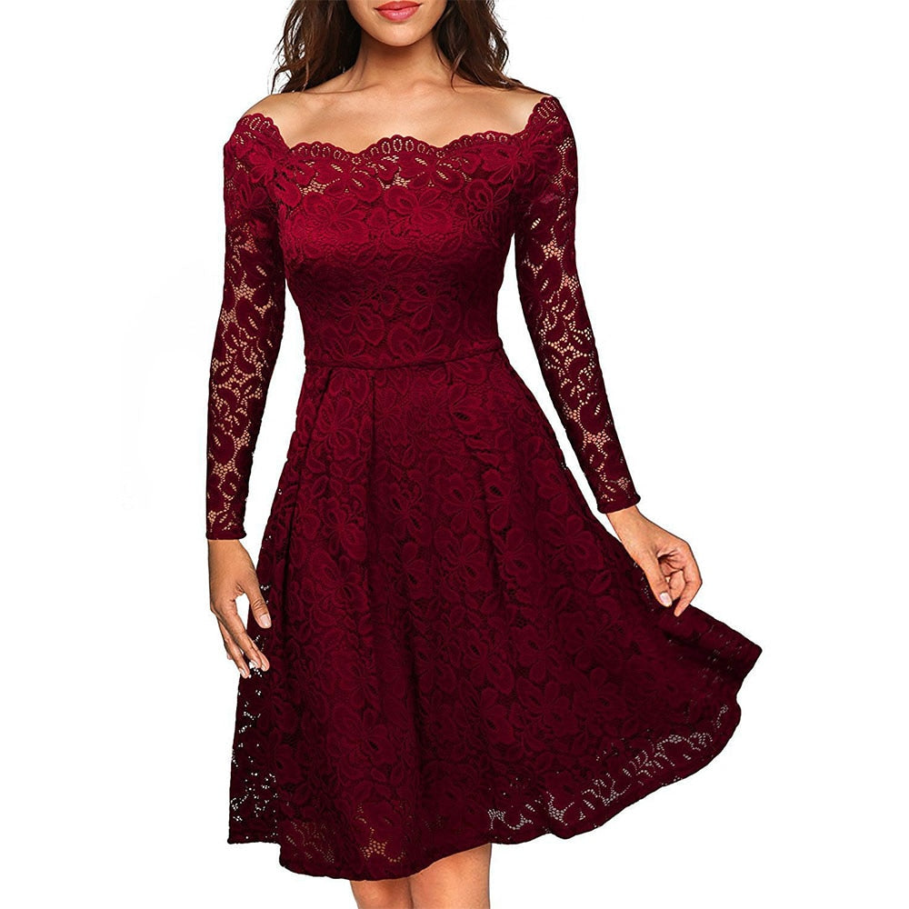 Elegant Lace A-Line Dress | Timeless Off-Shoulder Style