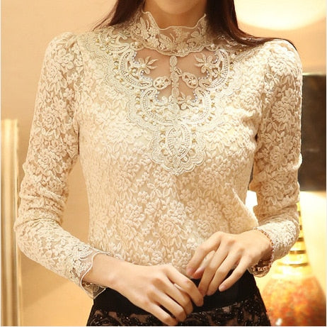 Elegant Lace Long Sleeve Blouse | Timeless Elegance with Intricate Embroidery