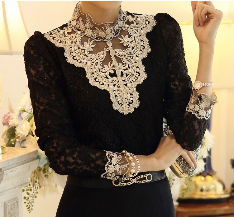 Elegant Lace Long Sleeve Blouse | Timeless Elegance with Intricate Embroidery