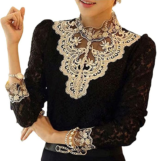 Elegant Lace Long Sleeve Blouse | Timeless Elegance with Intricate Embroidery