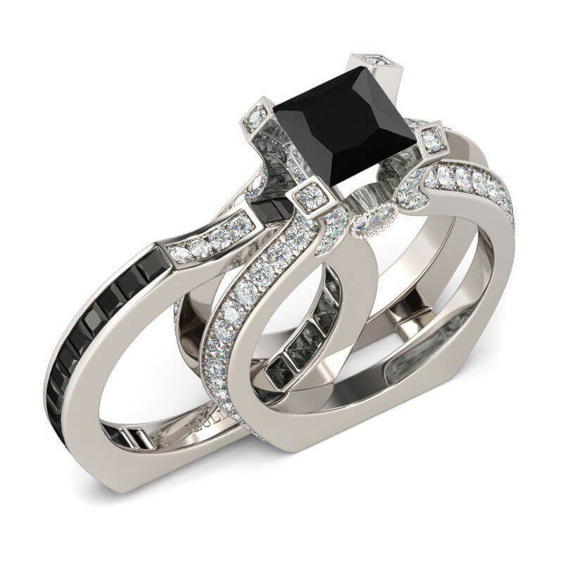 Elegant Sterling Silver Ring Set | Black Gemstone Ring