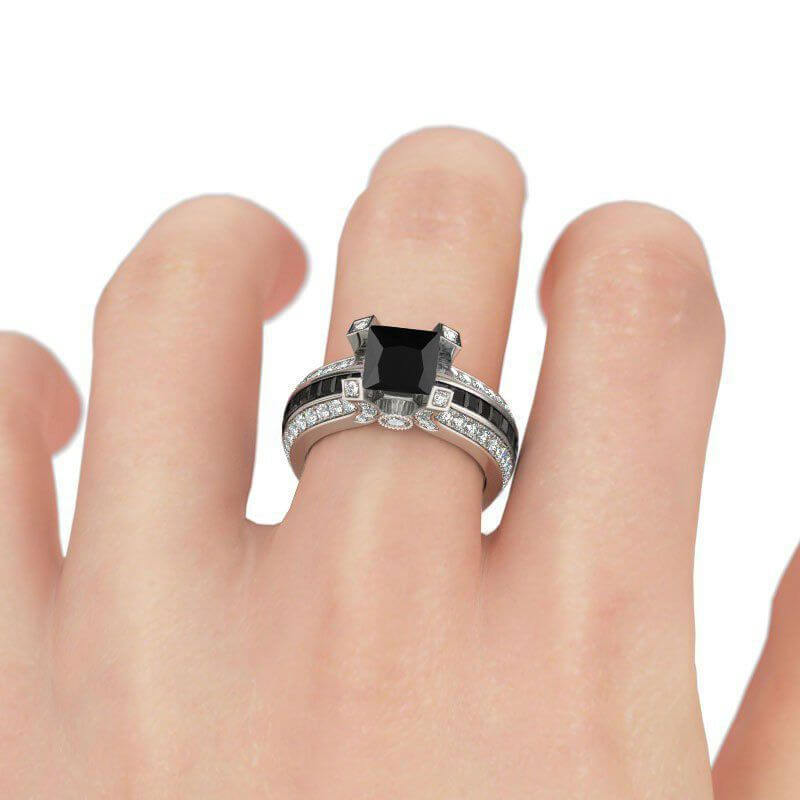 Elegant Sterling Silver Ring Set | Black Gemstone Ring