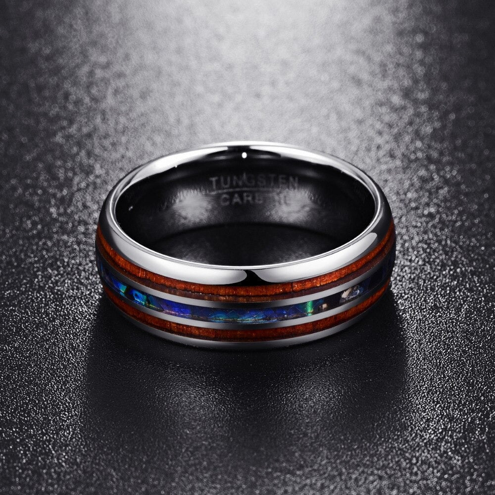 Elegant Tungsten Carbide Ring | Wood & Opal Inlay