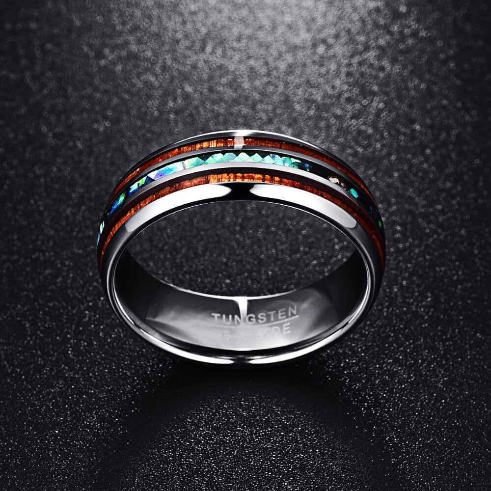 Elegant Tungsten Carbide Ring | Wood & Opal Inlay