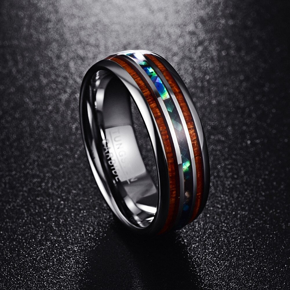 Elegant Tungsten Carbide Ring | Wood & Opal Inlay