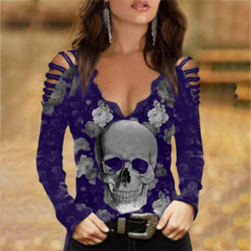 Gothic Floral Skull Top | Edgy Cut-Out Shoulder Design