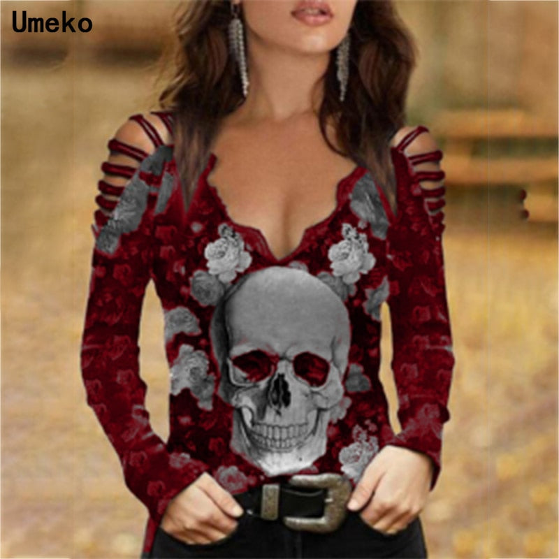 Gothic Floral Skull Top | Edgy Cut-Out Shoulder Design