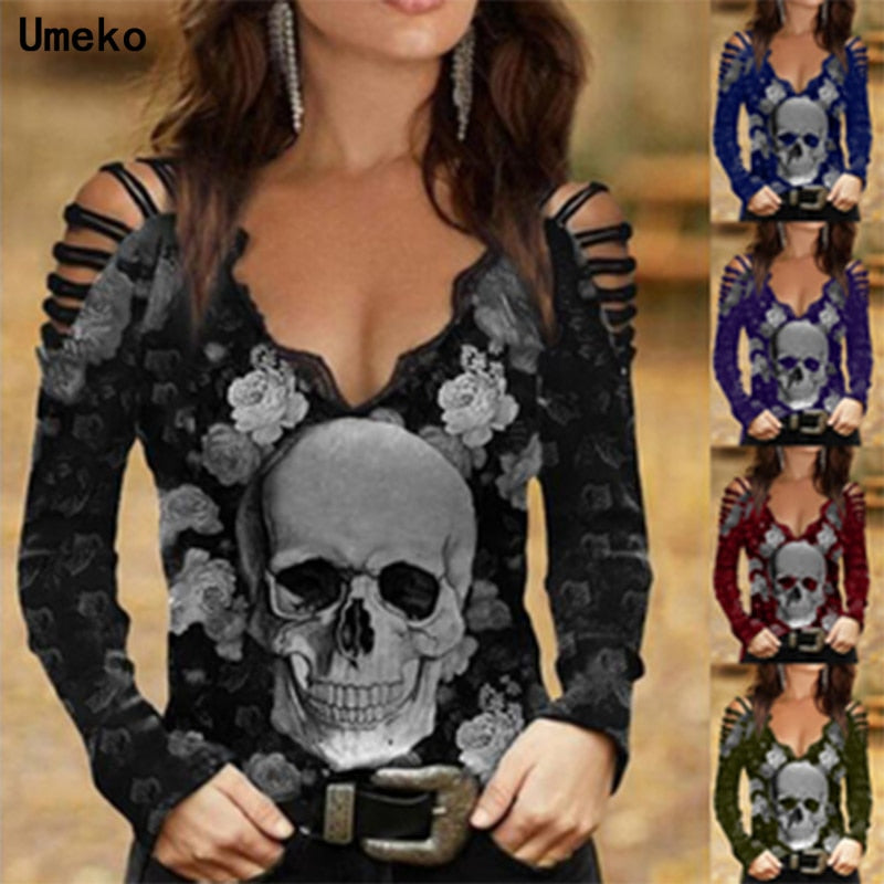 Gothic Floral Skull Top | Edgy Cut-Out Shoulder Design