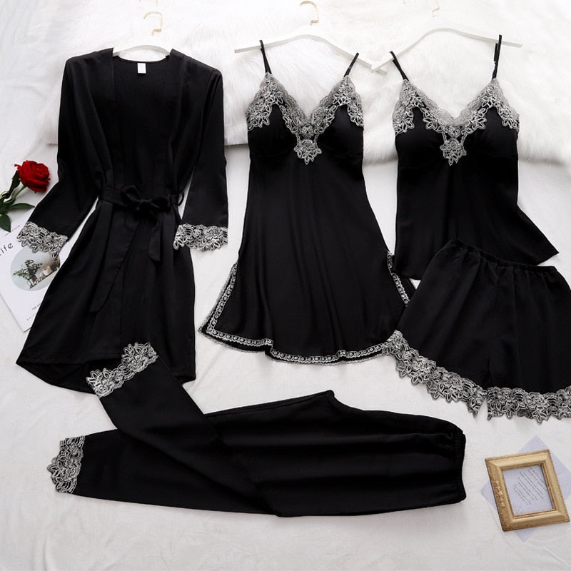 Luxurious Silk Sleepwear Set | Elegant Lace Trim Pajamas