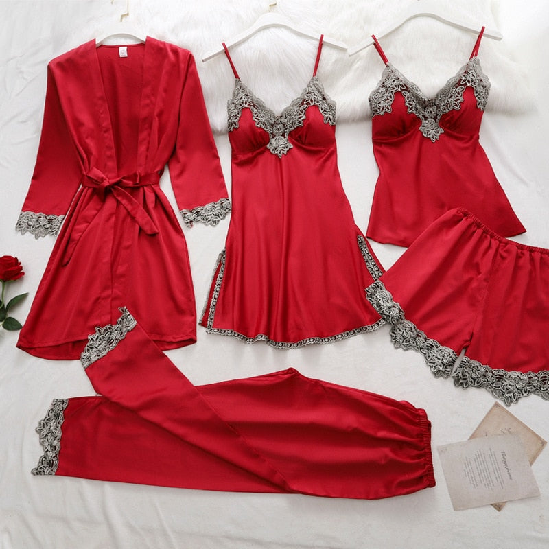 Luxurious Silk Sleepwear Set | Elegant Lace Trim Pajamas