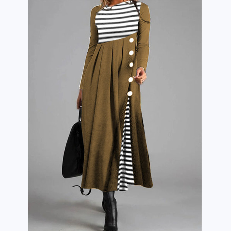 Striped Long Sleeve Maxi Dress | Elegant Asymmetric Button Design