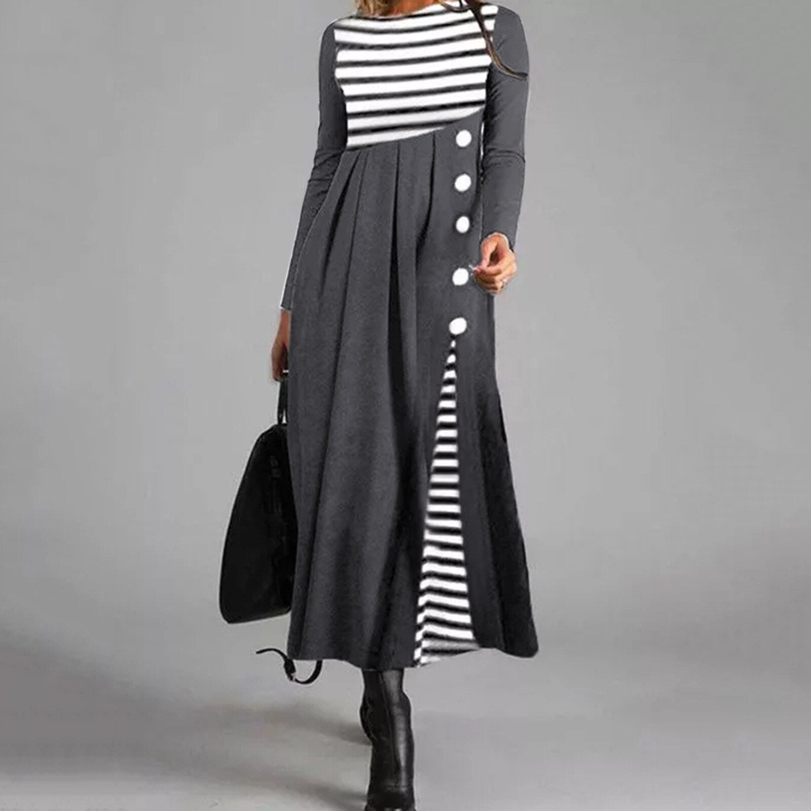 Striped Long Sleeve Maxi Dress | Elegant Asymmetric Button Design