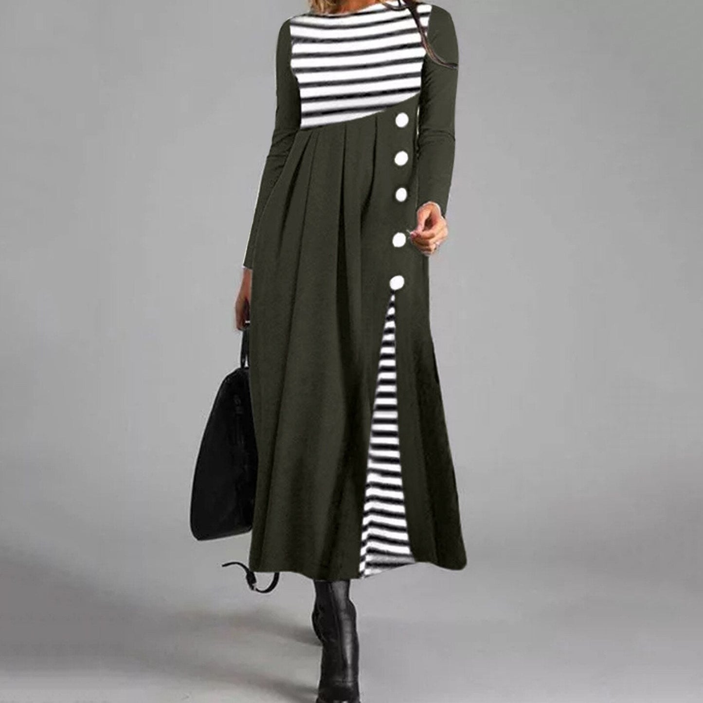 Striped Long Sleeve Maxi Dress | Elegant Asymmetric Button Design