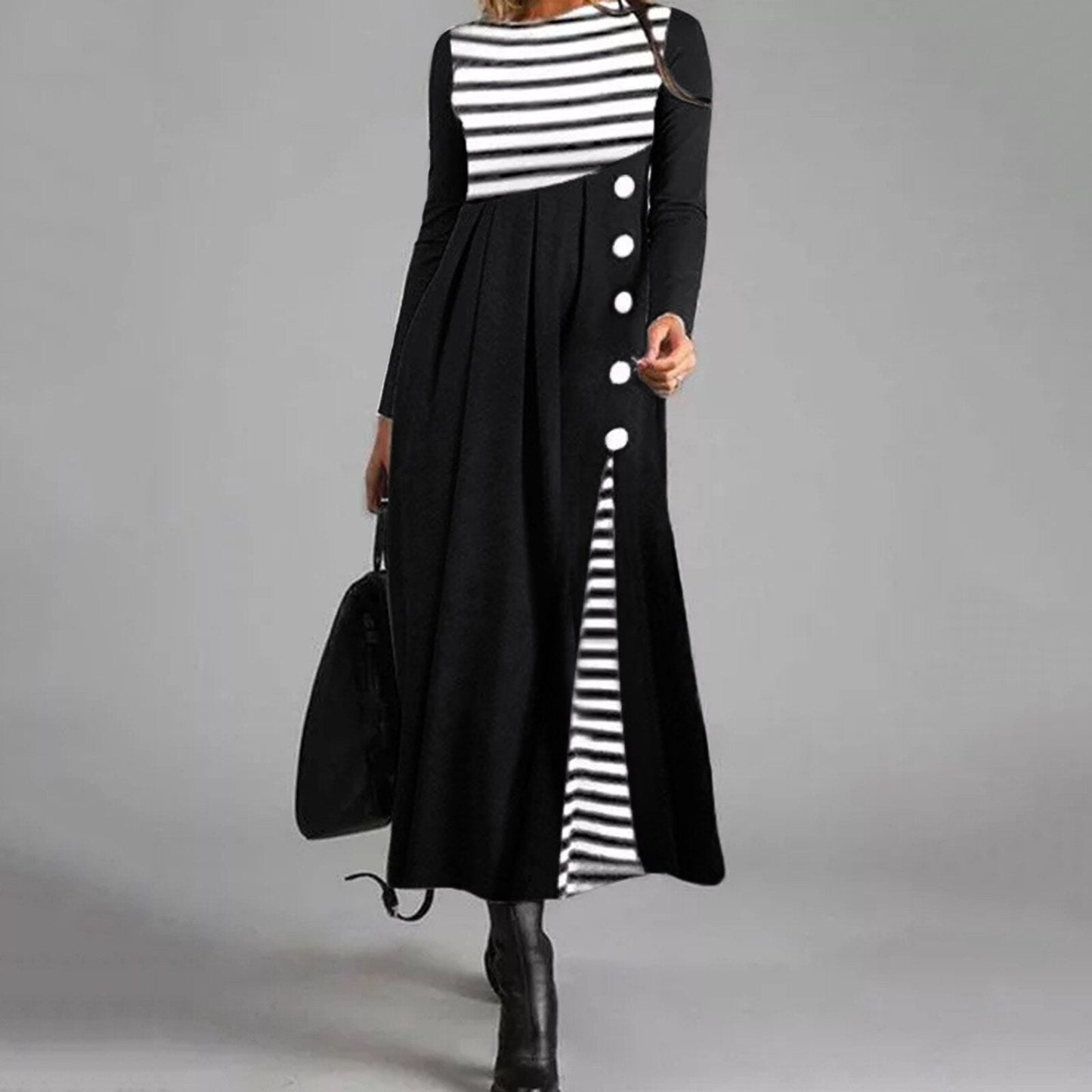 Striped Long Sleeve Maxi Dress | Elegant Asymmetric Button Design