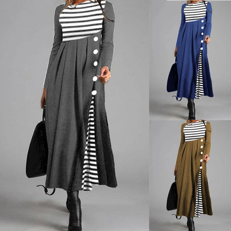 Striped Long Sleeve Maxi Dress | Elegant Asymmetric Button Design