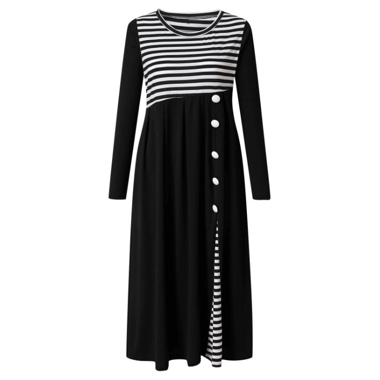 Striped Long Sleeve Maxi Dress | Elegant Asymmetric Button Design