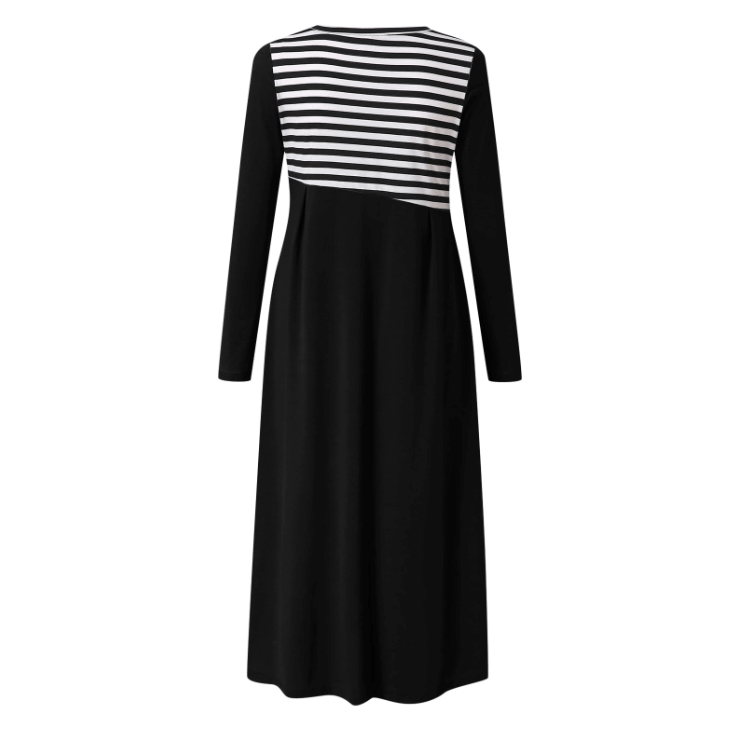 Striped Long Sleeve Maxi Dress | Elegant Asymmetric Button Design
