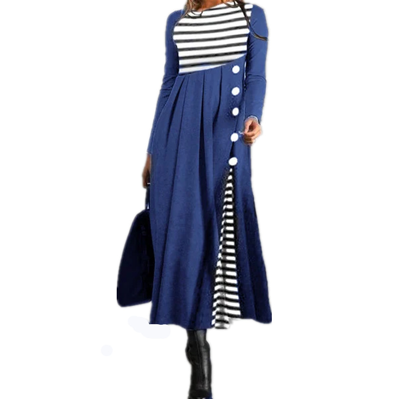 Striped Long Sleeve Maxi Dress | Elegant Asymmetric Button Design