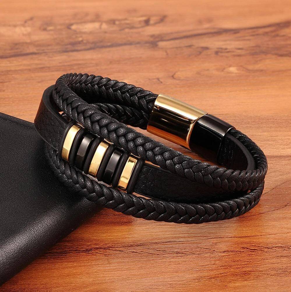 Vintage Braided Leather Bracelet | Gold and Silver Tone Accents