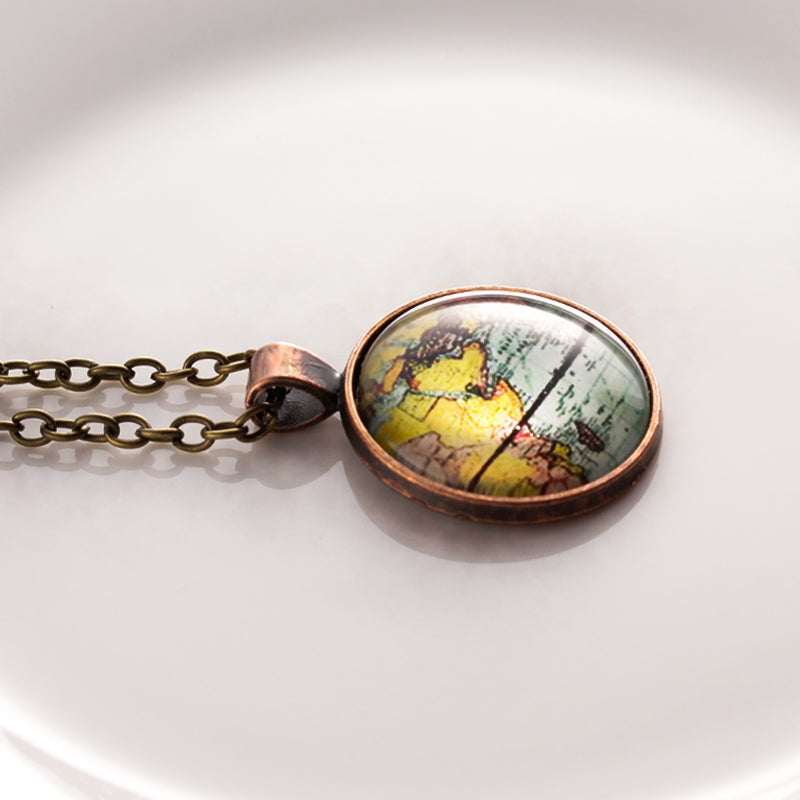 Vintage World Map Necklace | Antique Bronze Finish Map Pendant