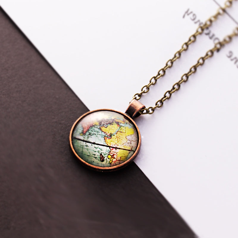 Vintage World Map Necklace | Antique Bronze Finish Map Pendant