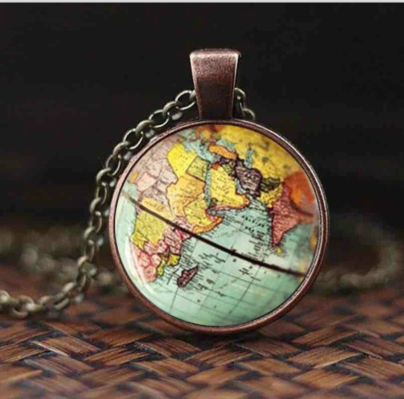 Vintage World Map Necklace | Antique Bronze Finish Map Pendant