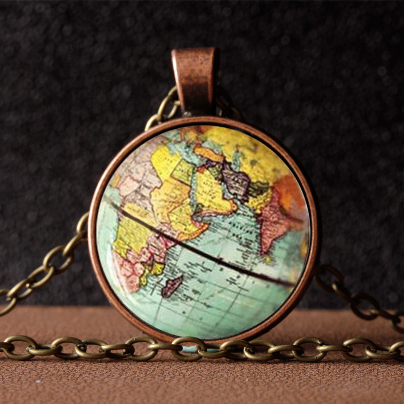 Vintage World Map Necklace | Antique Bronze Finish Map Pendant