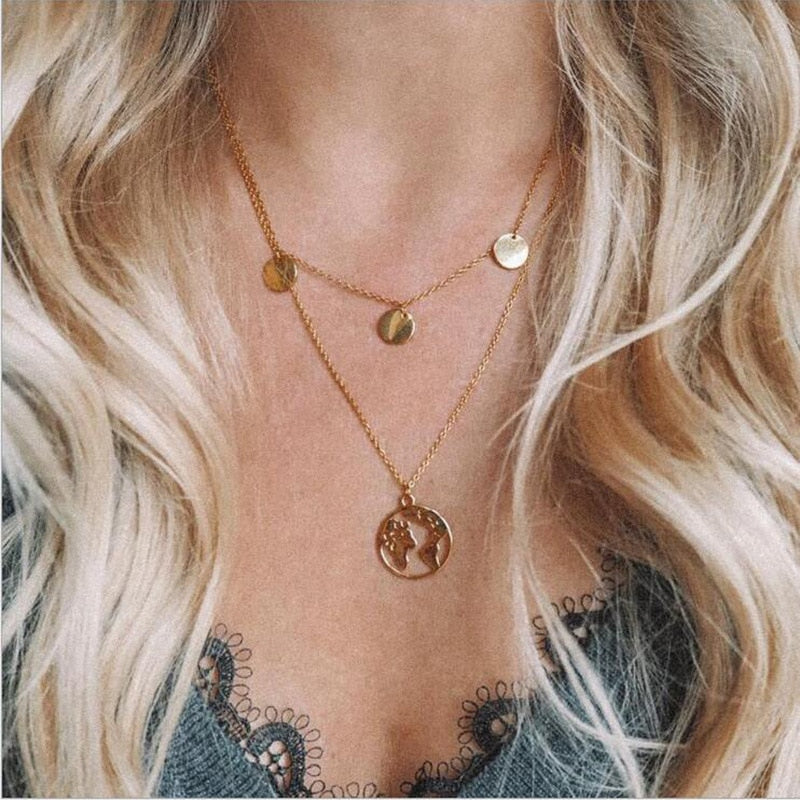 World Map Layered Necklace | Elegant Travel-Inspired Design