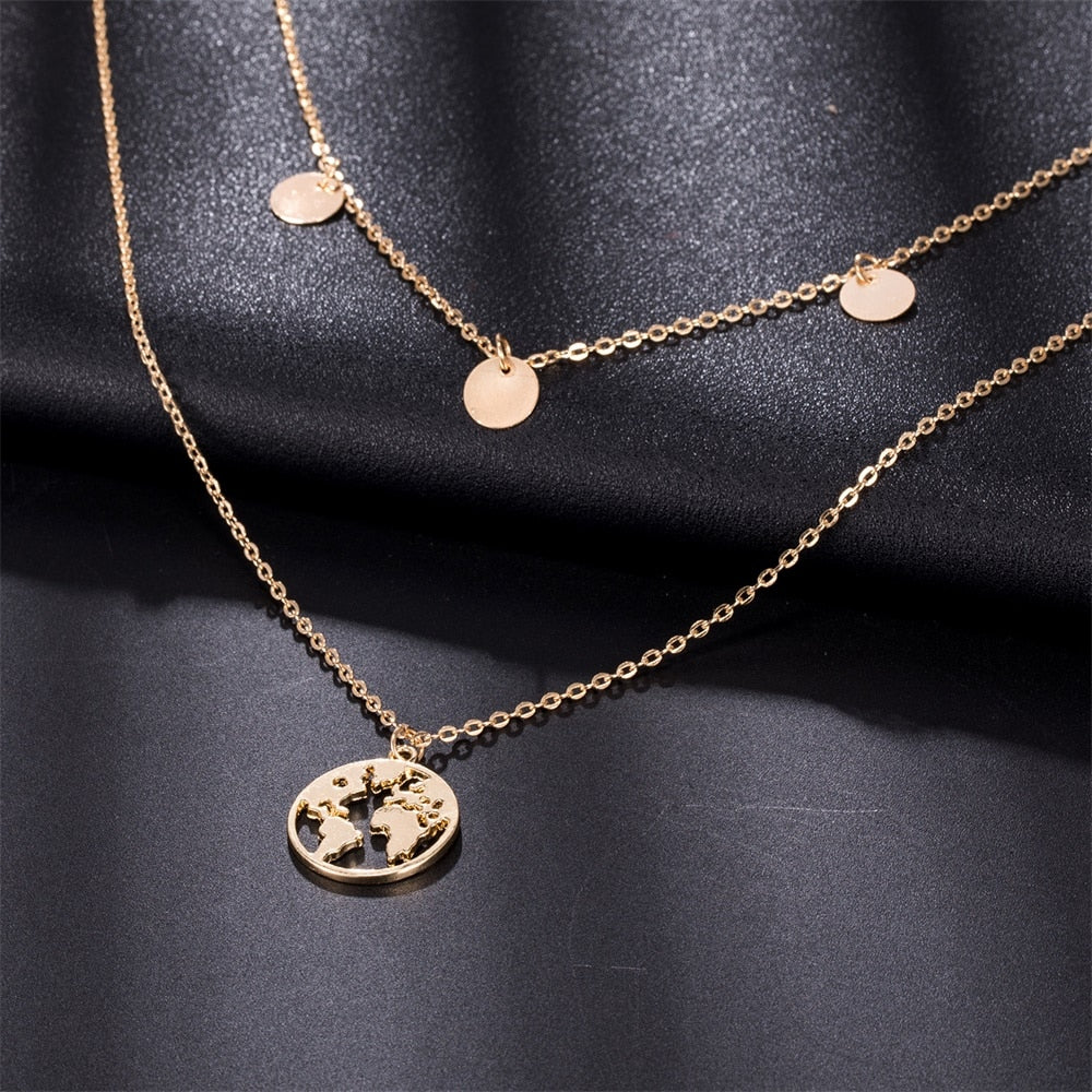 World Map Layered Necklace | Elegant Travel-Inspired Design