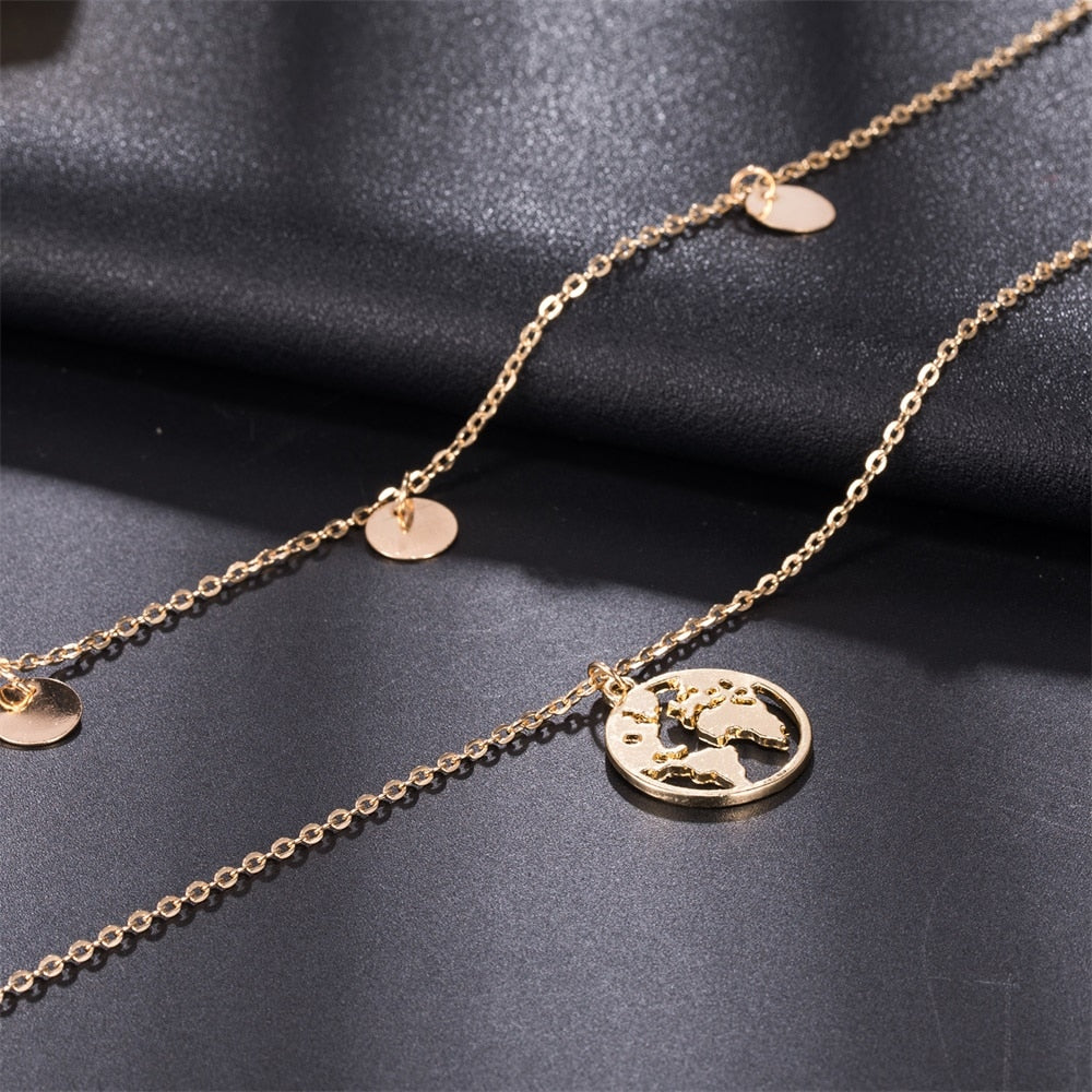 World Map Layered Necklace | Elegant Travel-Inspired Design