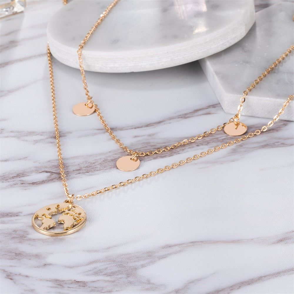 World Map Layered Necklace | Elegant Travel-Inspired Design