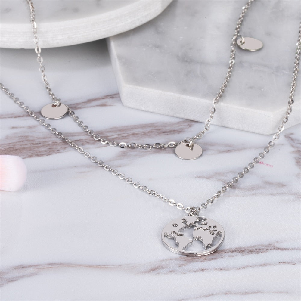 World Map Layered Necklace | Elegant Travel-Inspired Design