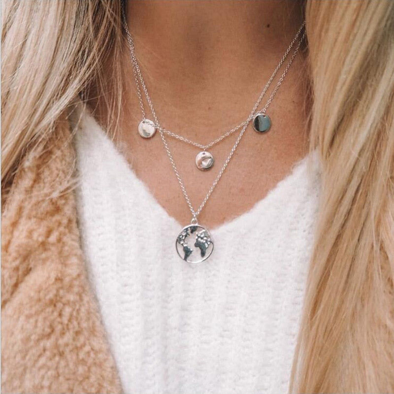 World Map Layered Necklace | Elegant Travel-Inspired Design