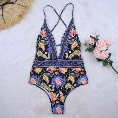 Boho Chic One-Piece Swimsuit | Vibrant Floral Print Swimwear