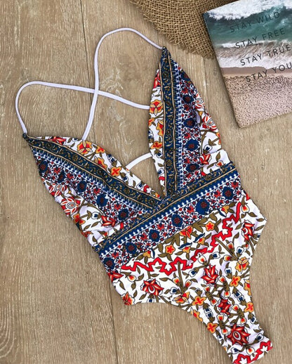 Boho Chic One-Piece Swimsuit | Vibrant Floral Print Swimwear