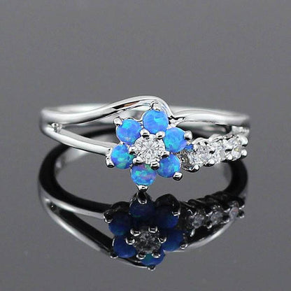 Dazzling Opal Flower Ring | Sterling Silver Opal and Crystal Design