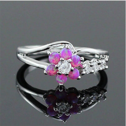 Dazzling Opal Flower Ring | Sterling Silver Opal and Crystal Design