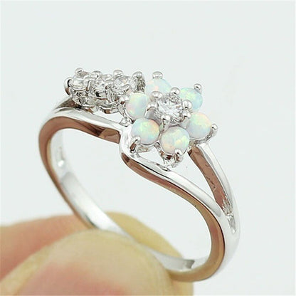 Dazzling Opal Flower Ring | Sterling Silver Opal and Crystal Design