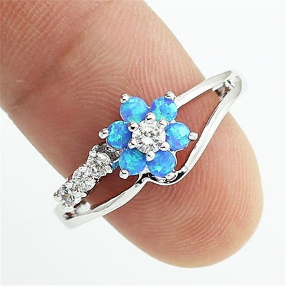 Dazzling Opal Flower Ring | Sterling Silver Opal and Crystal Design