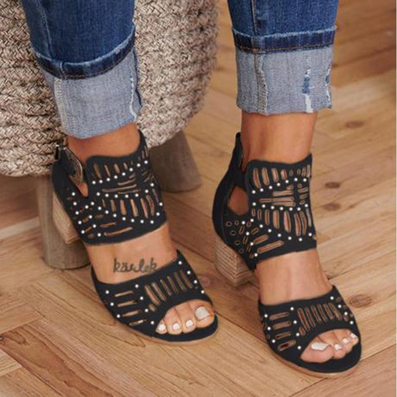 Elegant Cutout Chunky Heel Sandals | All-Day Comfort & Style