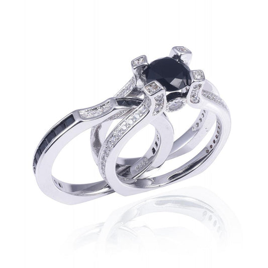 Elegant Sterling Silver Ring Set | Black Gemstone Ring